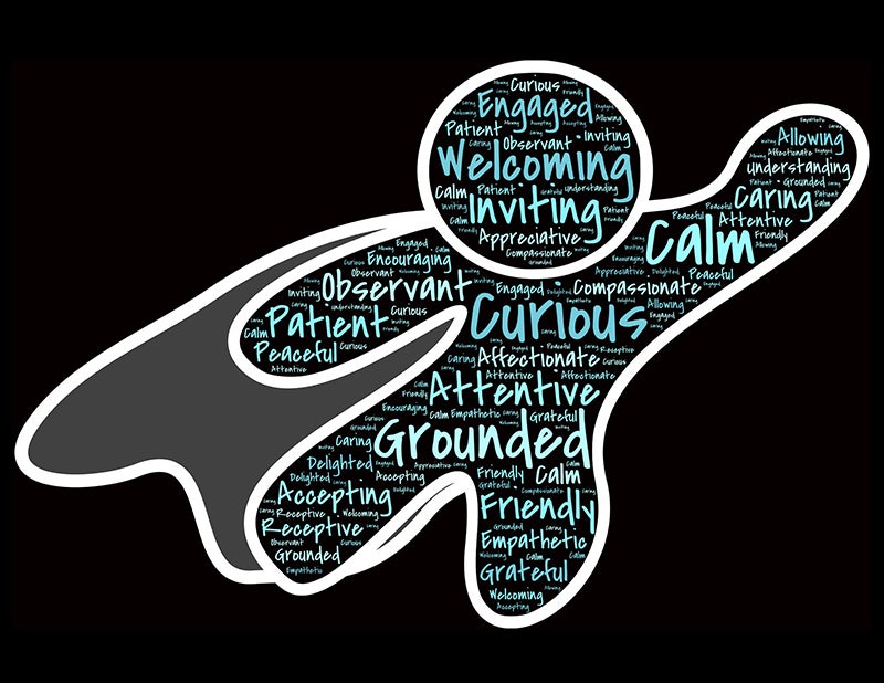 Illustration of figure wearing a cape filled with words like 'curious,' 'grounded, 'calm'