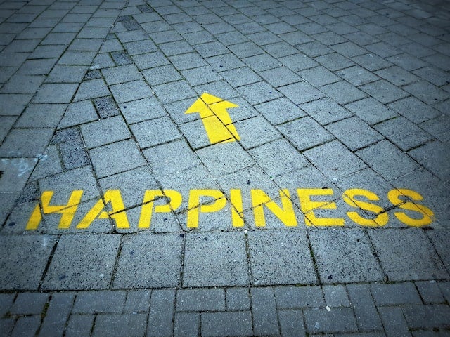 The word HAPPINESS is painted on a street next to an arrow pointing forward