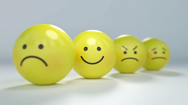 Yellow cartoon faces, happy, sad, angry, scared