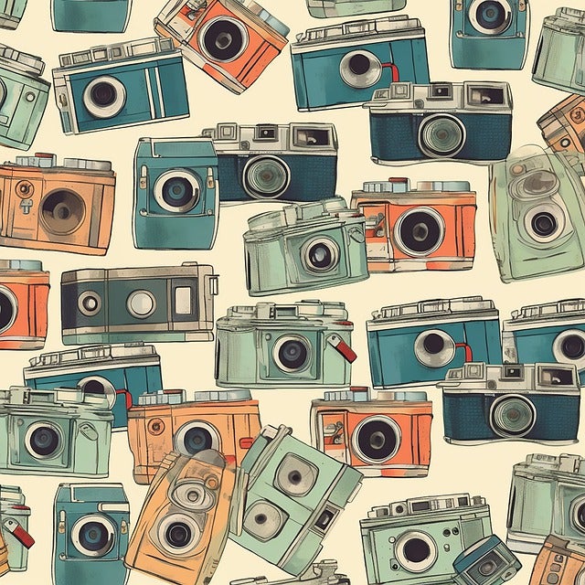 Illustration of cameras in a range of red and blue shades