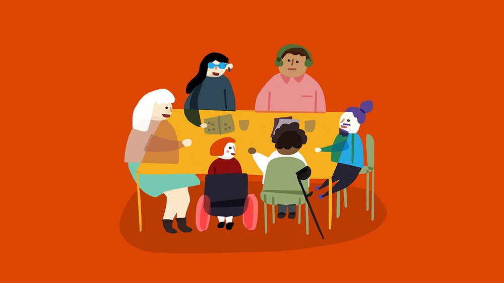 A diverse group of people come together in community around a table. Illustration by Hatiye Garip for Fine Acts