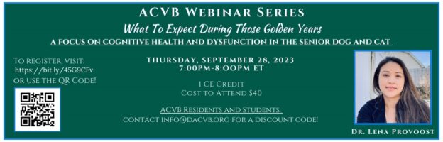 Webinar – 9/28/23 – “What to Expect During Those Golden Years” with Dr. Lena Provoost – ACVB (fee applies)