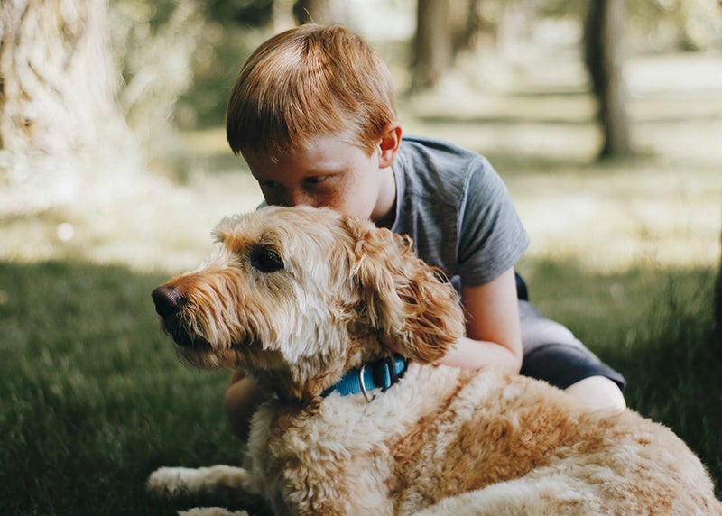 A boy and his dog hang out together in the yard