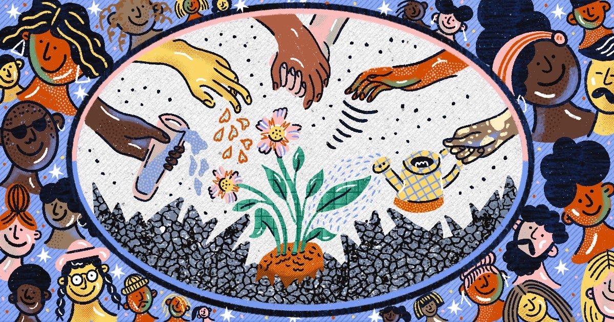 Artist Camila Leão for Fine Acts x OBI - illustration shows many people coming together to water and care for a flower rooted firmly in the earth