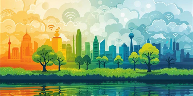 a rainbow-colored illustration of a city skyline with a lake, trees, and grassy field in the foreground