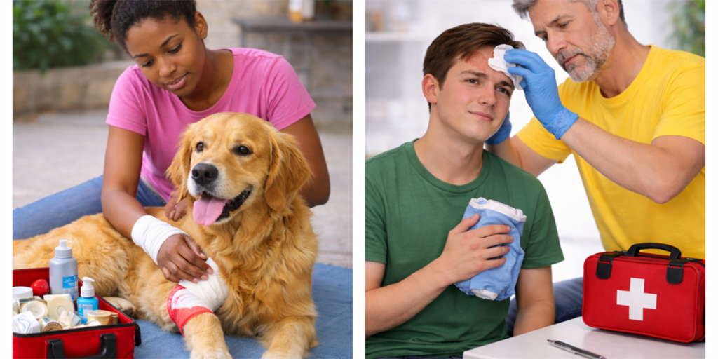 Caring in a Crisis: Pet & Human First Aid Essentials - People and pets receive first aid.